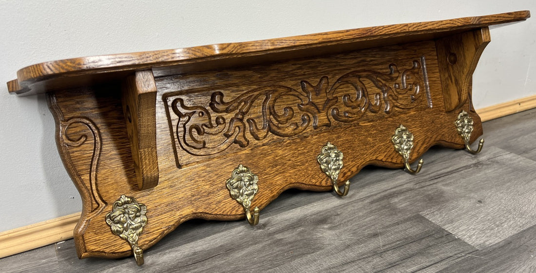 French Vintage Coat Rack Oak 5 Hooks Ornate Wall Shelf Carved Coat LOT 44430