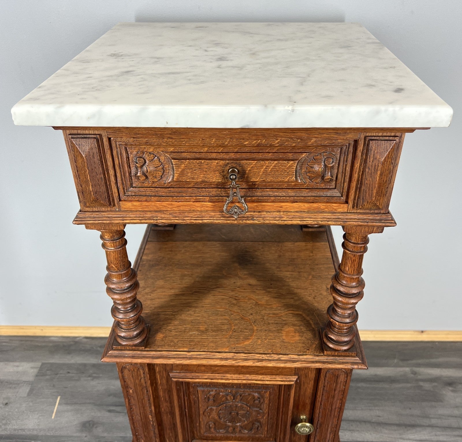 Pair of Bedside Tables Antique French Marble Top Oak Cabinets Carved LOT 43294
