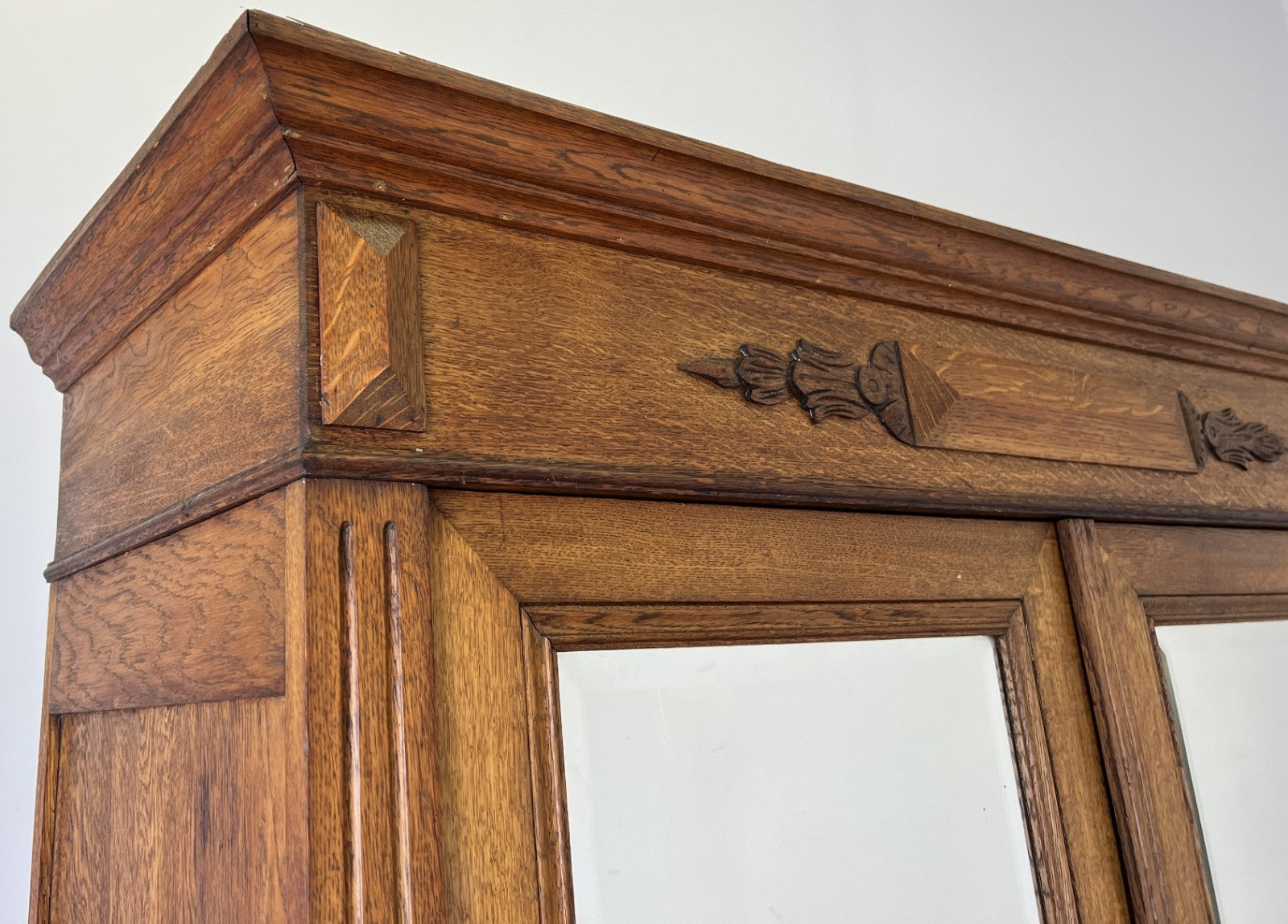 Wardrobe Antique French Style Oak Two Door Carved Mirrored Armoire LOT 61622