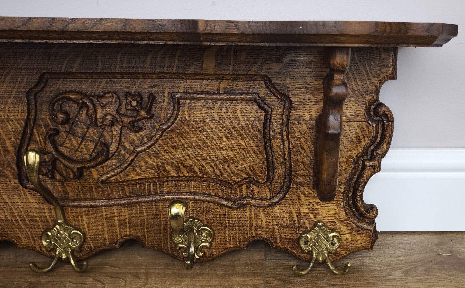 French Vintage Coat Rack Oak 6 Hooks Wall Shelf Carved Coat Hanger LOT 60005