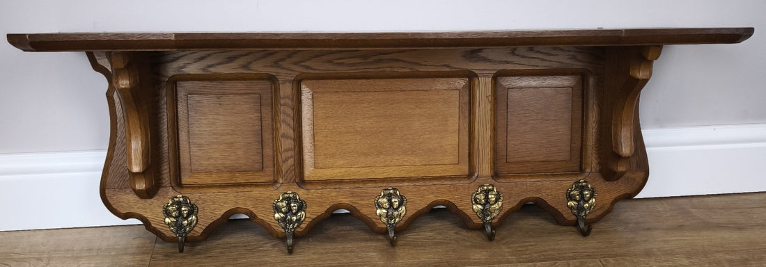 French Vintage Coat Rack Oak 5 Hooks Wall Shelf Carved Coat Hanger LOT 49910