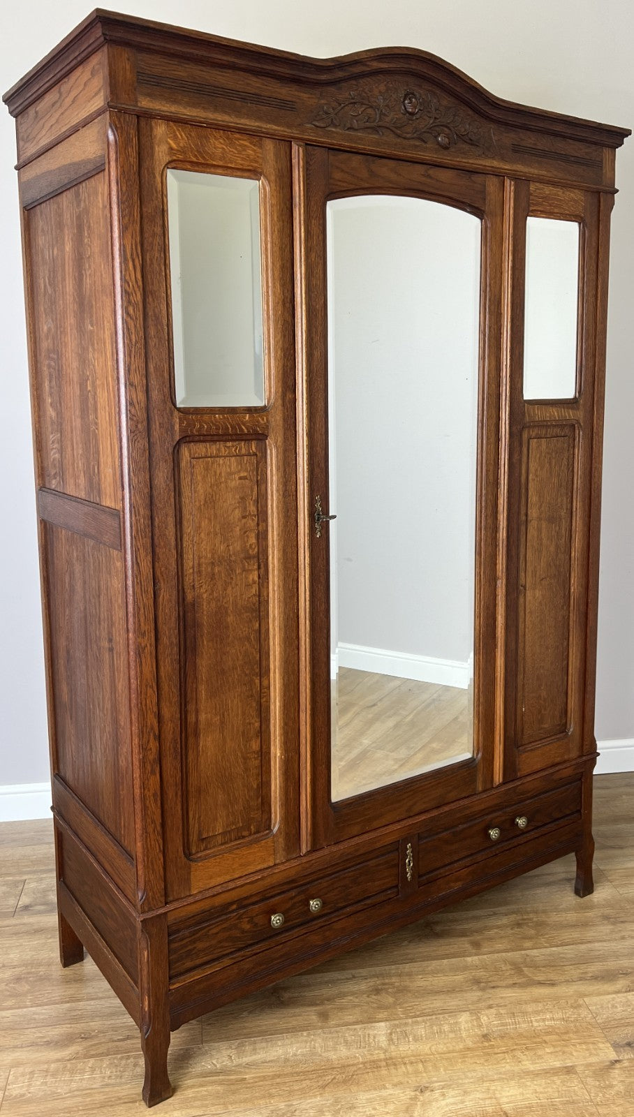 Wardrobe Antique French Oak Two Door Mirrored Carved Armoire Cabinet LOT 61440