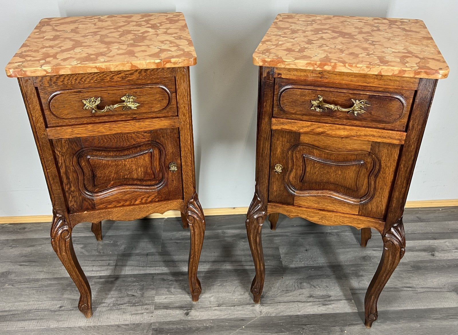 Pair of Bedside Tables Antique French Oak Marble Tops Carved Cabinets LOT 44390