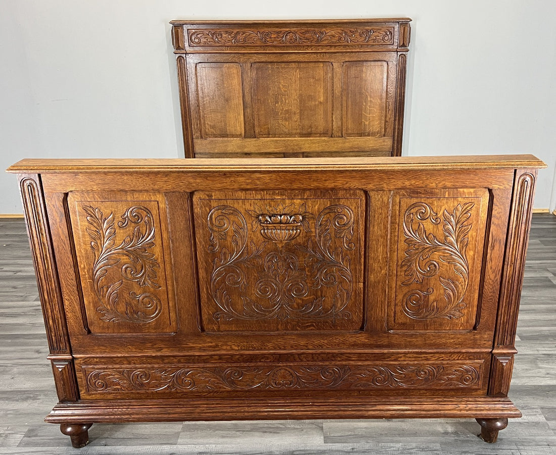 Bed Antique French Style Oak Double Bed Frame Carved Headboard LOT 47390