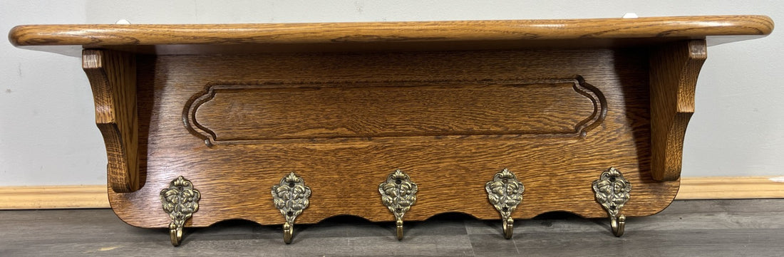 French Vintage Style Coat Rack Oak 5 Hooks Ornate Wall Shelf Coat LOT 47240
