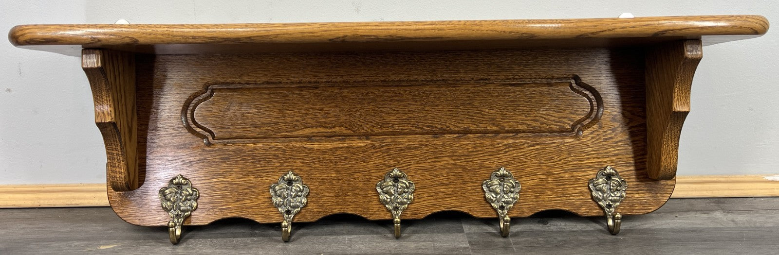French Vintage Style Coat Rack Oak 5 Hooks Ornate Wall Shelf Coat LOT 47241