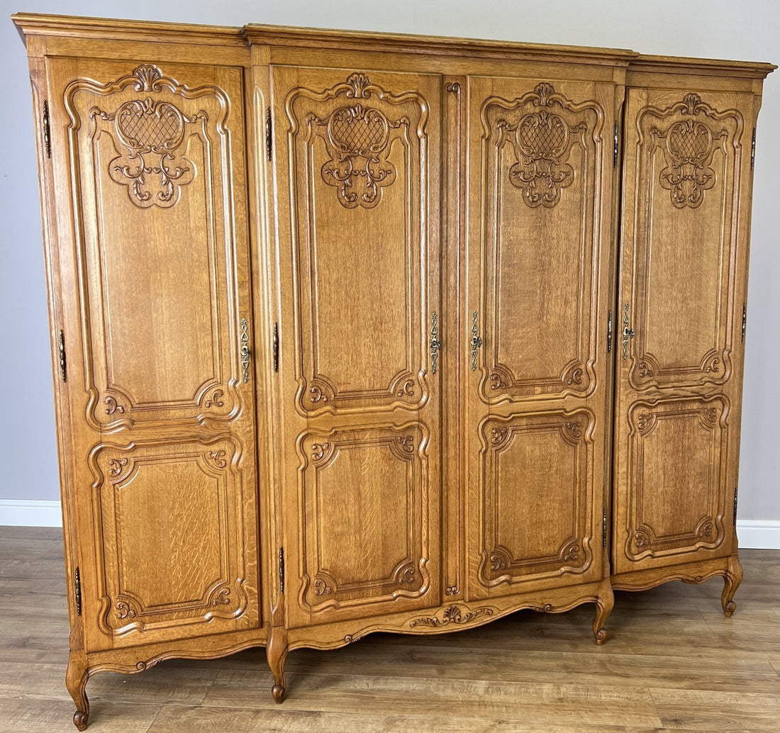 Wardrobe Vintage French Louis XVI Style Oak Four Door Carved Armoire LOT 48780