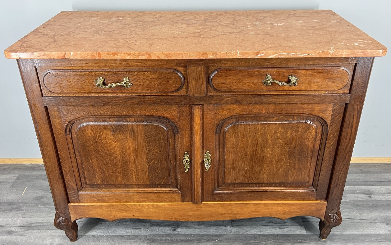 Cabinet Antique French Marble Top Oak Carved with Drawers Sideboard LOT 44890