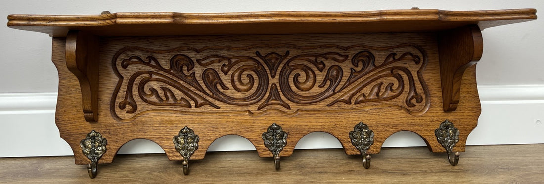 French Vintage Coat Rack Oak 5 Hooks Wall Shelf Carved Coat Hanger LOT 49610