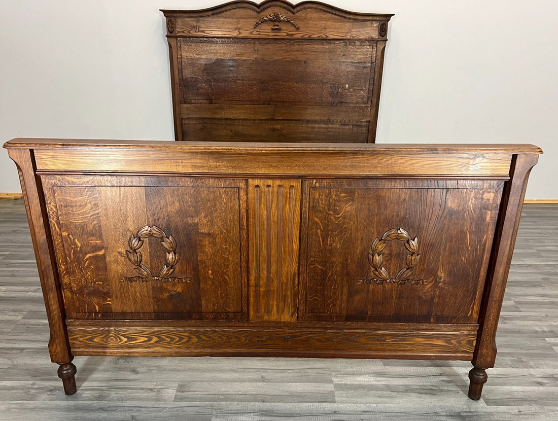 Bed Antique French Style Double Bed Wood Frame Carved Headboard LOT 32390