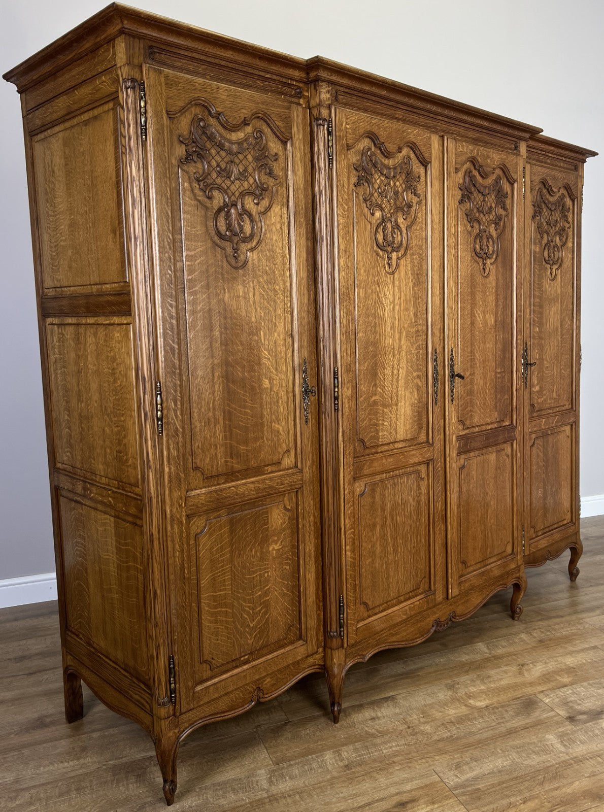 Wardrobe Vintage French Louis XVI Style Oak Four Door Carved Armoire LOT 48771