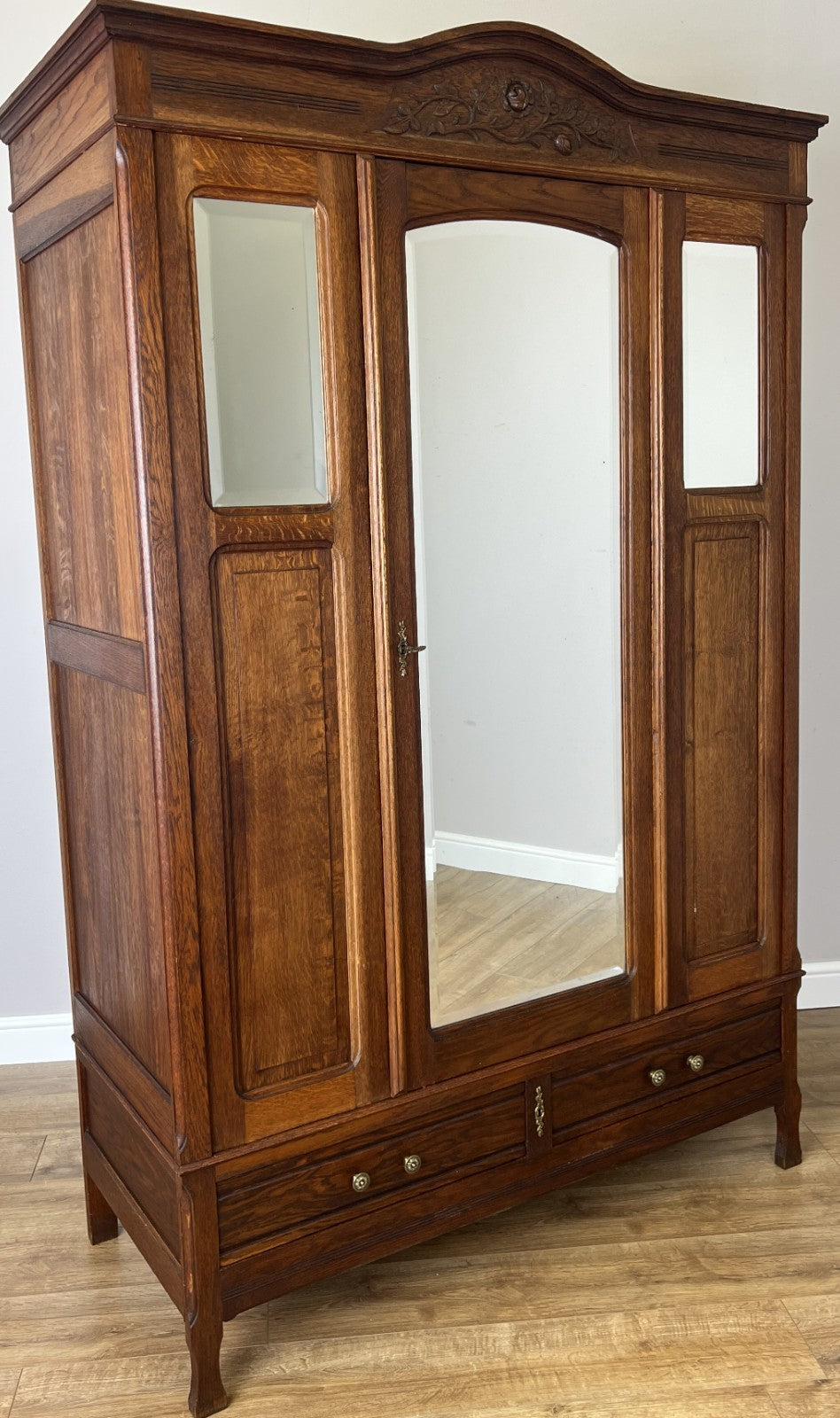 Wardrobe Antique French Oak Two Door Mirrored Carved Armoire Cabinet LOT 61440