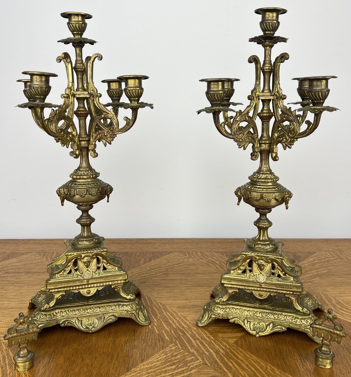 Pair of Candelabra Antique French Style Brass Five Arm Candle Holders LOT 60252