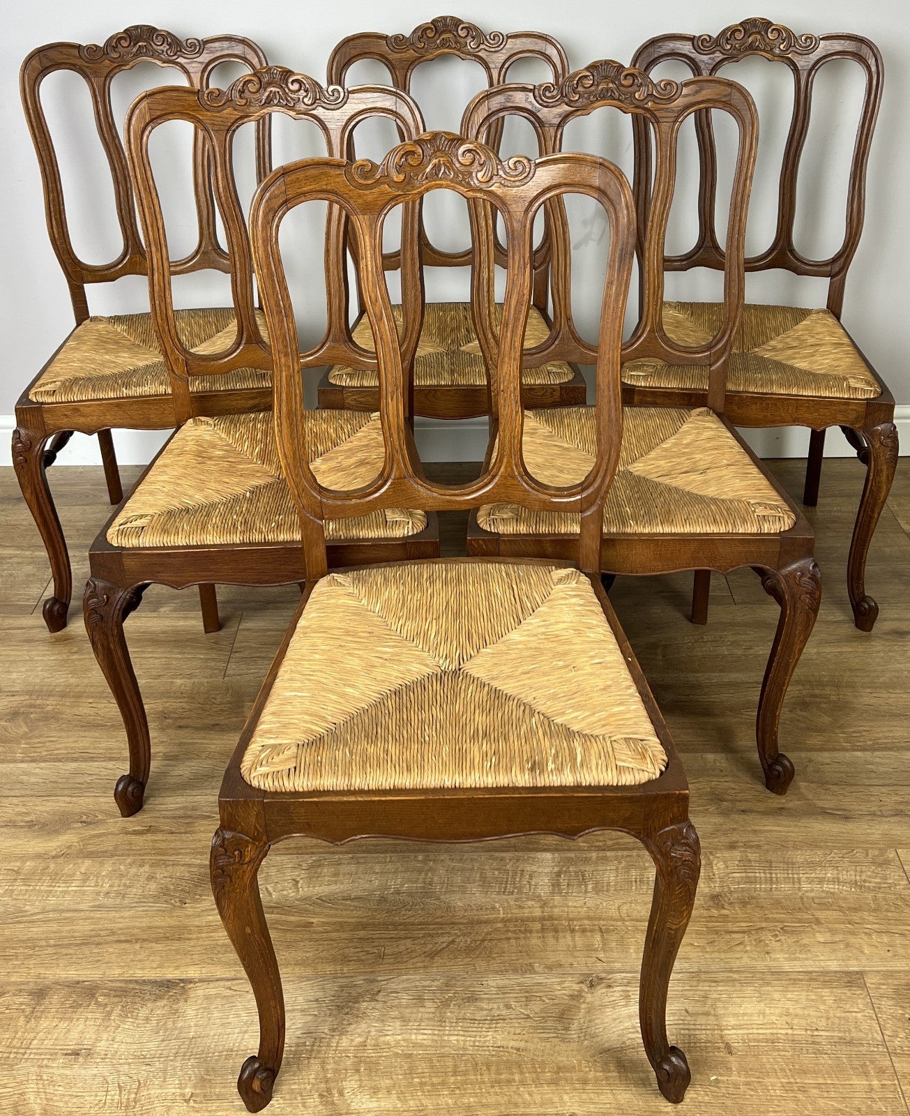 Dining Chairs Vintage French Louis Style Oak Rush Seat Set of 6 Chairs LOT 63480