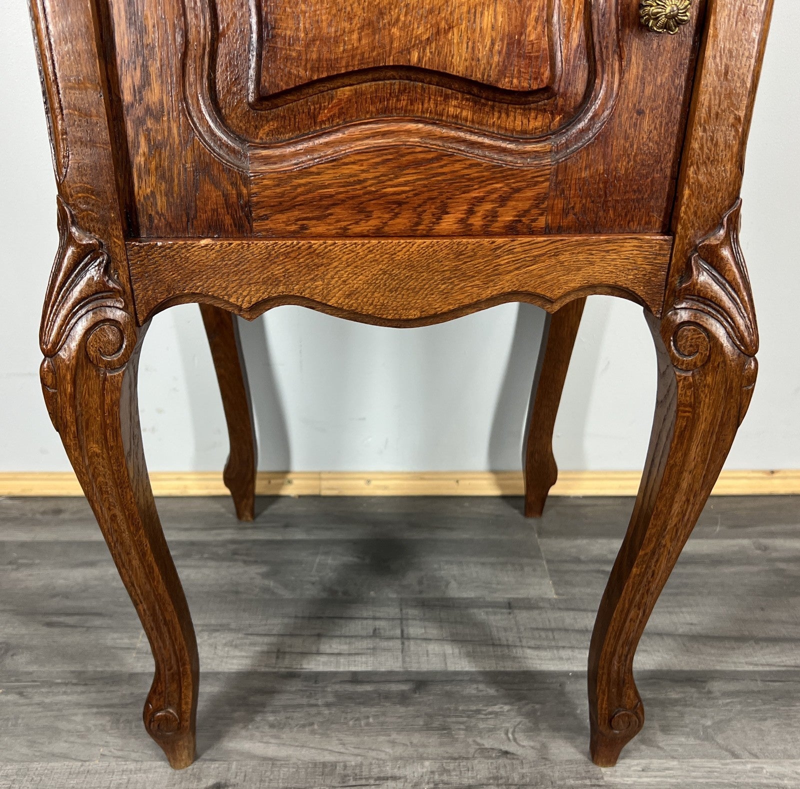 Pair of Bedside Tables Antique French Oak Marble Tops Carved Cabinets LOT 44397