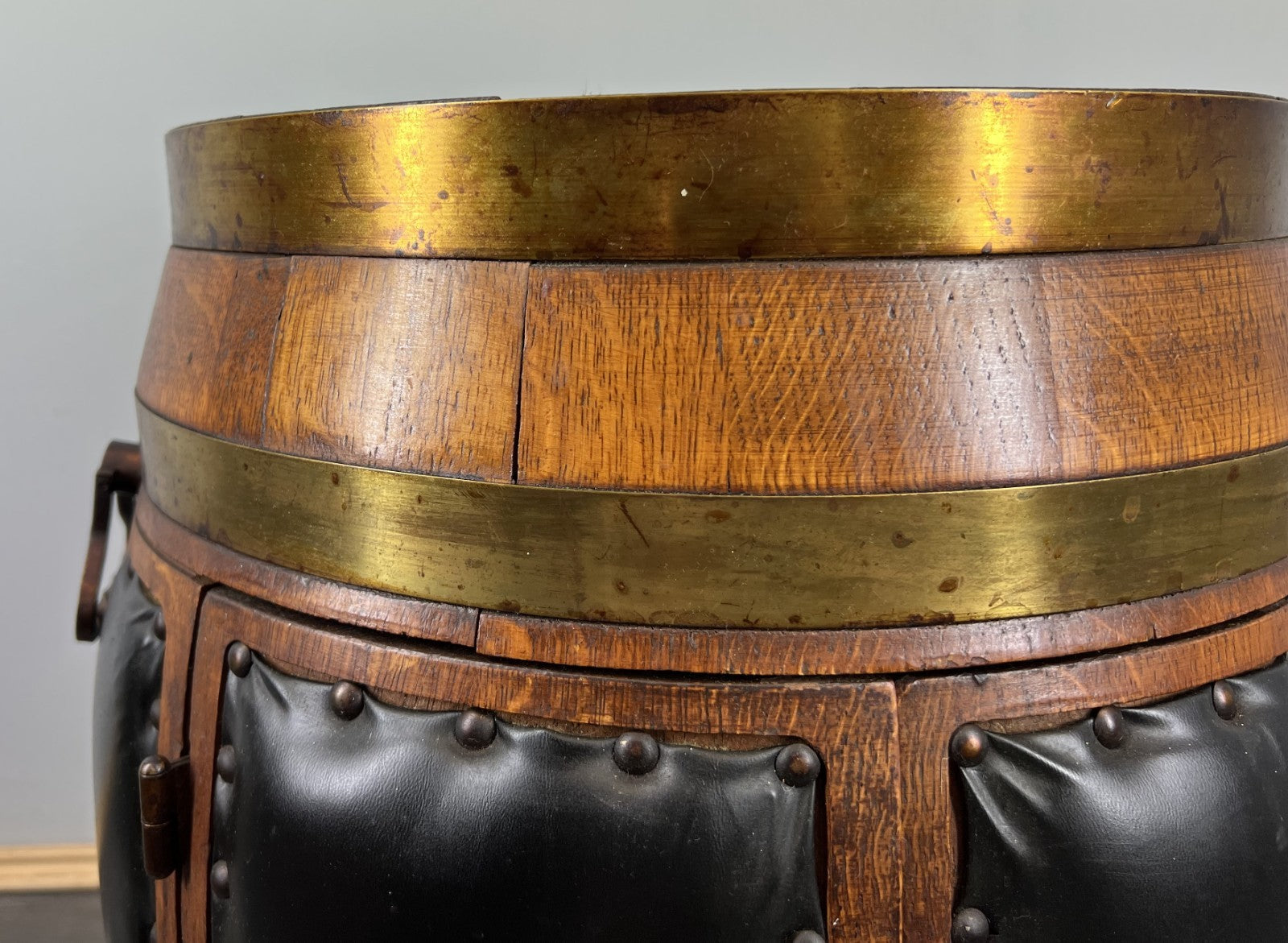 Drink Cabinet Vintage French Style Oak Brass Trim Barrel Carved Storage LOT 39005