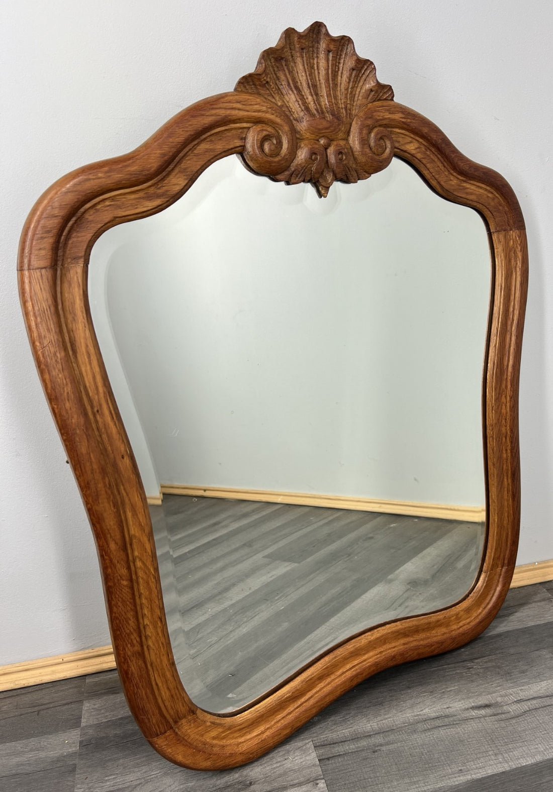Vintage French Oak Wall Mirror with Ornate Shell Crest Wall Decor LOT 43850