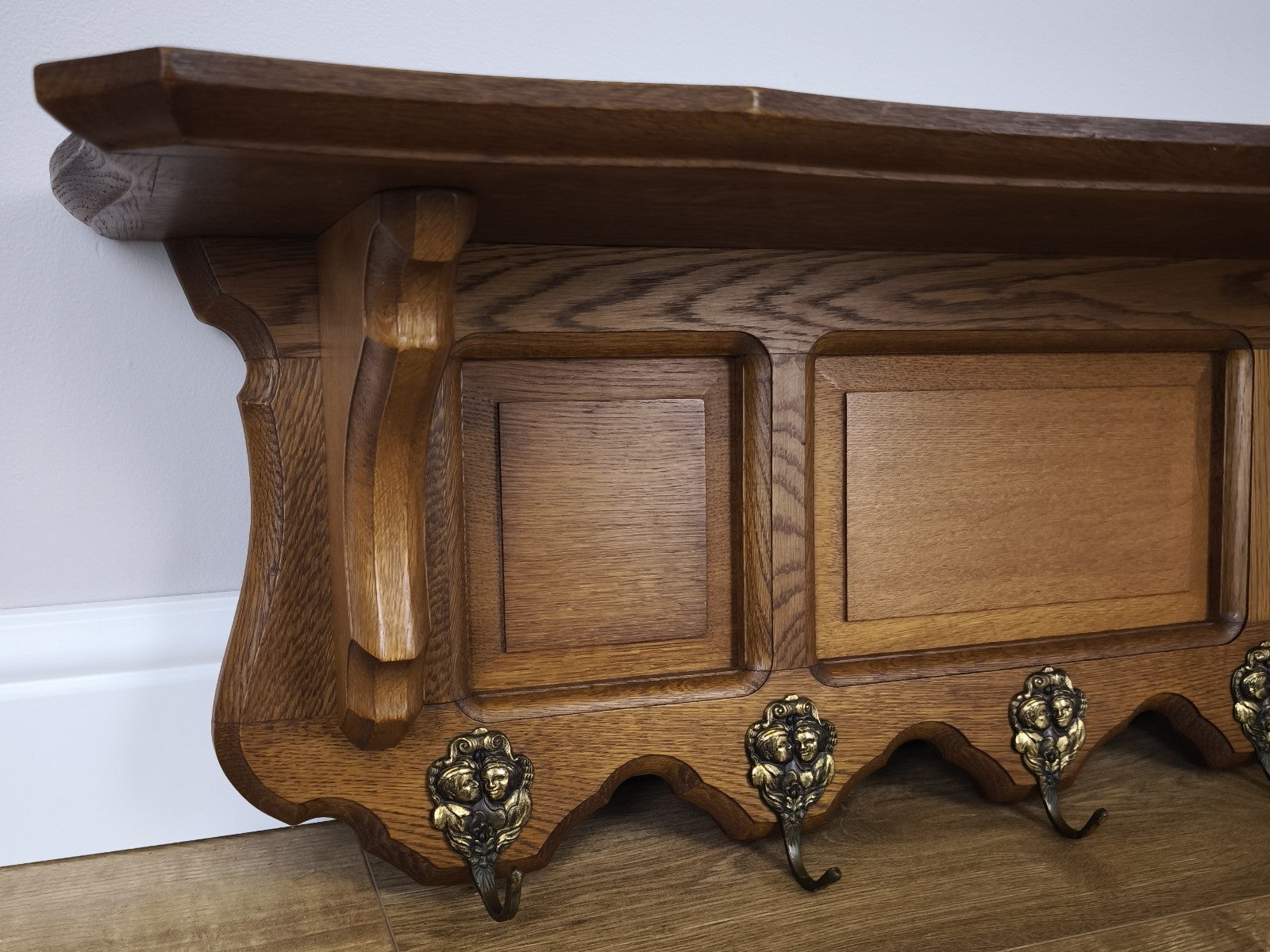 French Vintage Coat Rack Oak 5 Hooks Wall Shelf Carved Coat Hanger LOT 49916