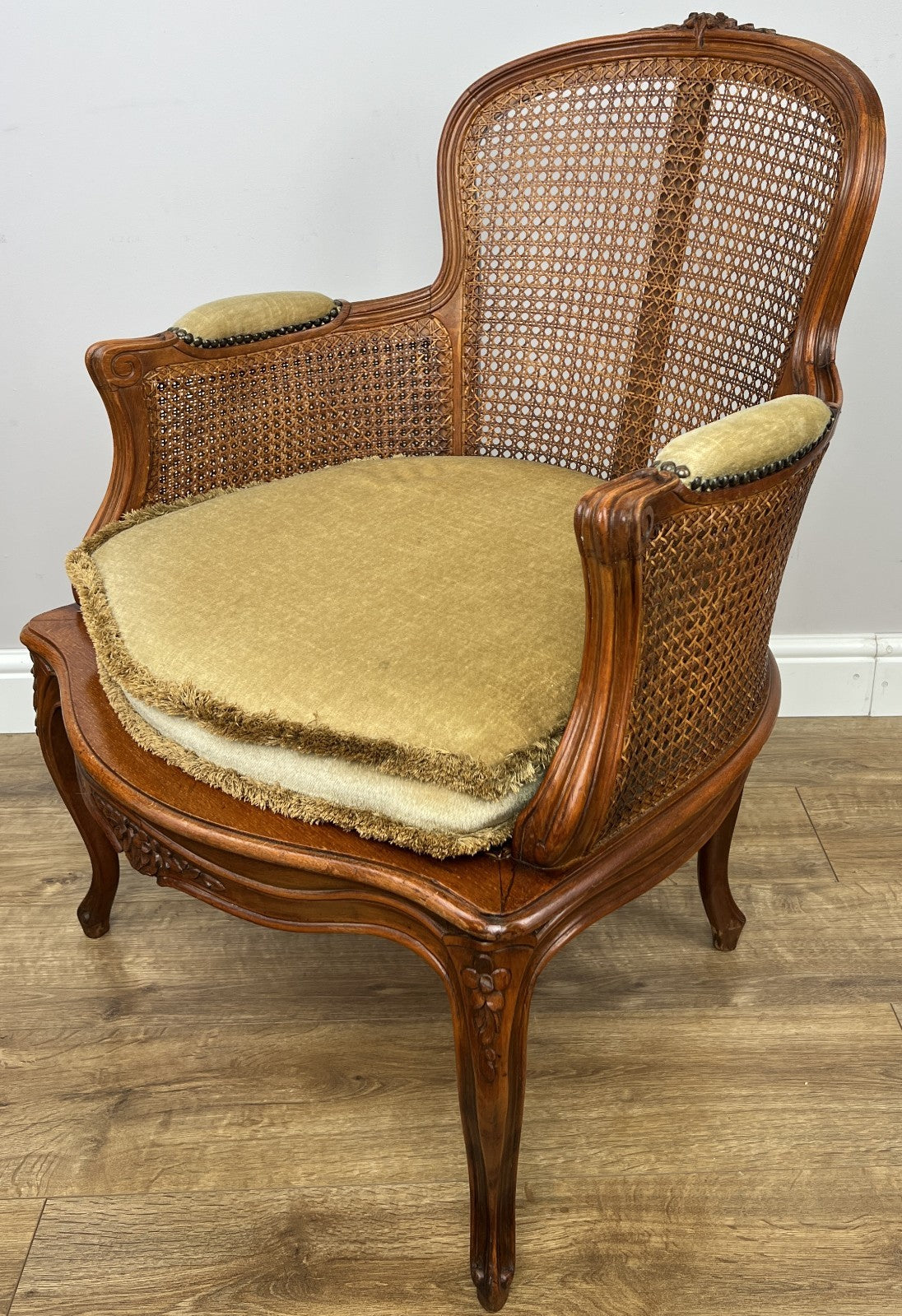 Armchair Vintage French Style Cane Upholstered Accent Carved Chair LOT 63110