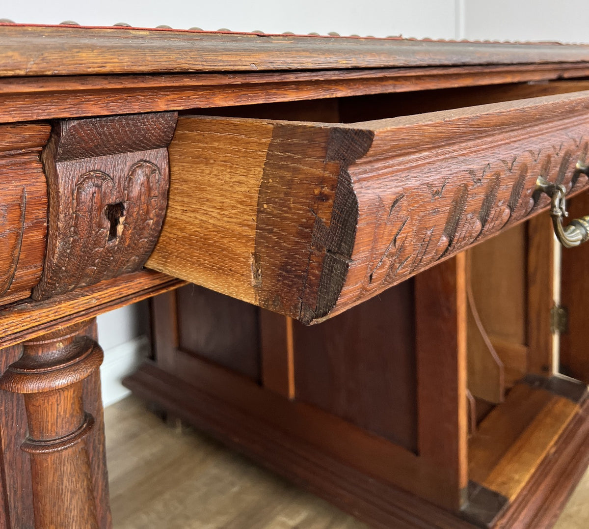 Desk Antique French Style Oak Double Sided Carved Pedestal Desk LOT 6514