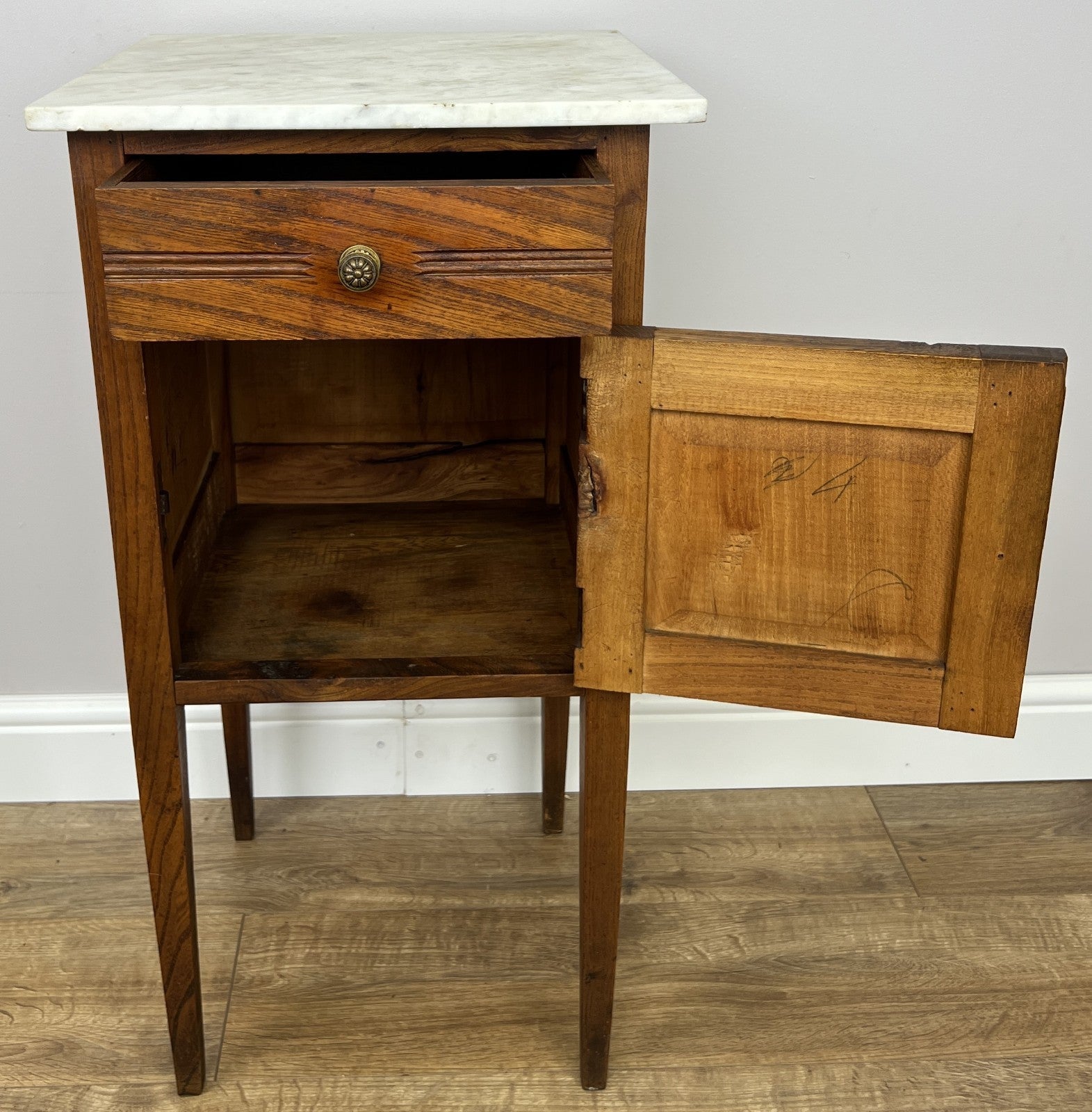 Bedside Table Antique French Style Marble Top Oak Cabinet Nightstand LOT 62457