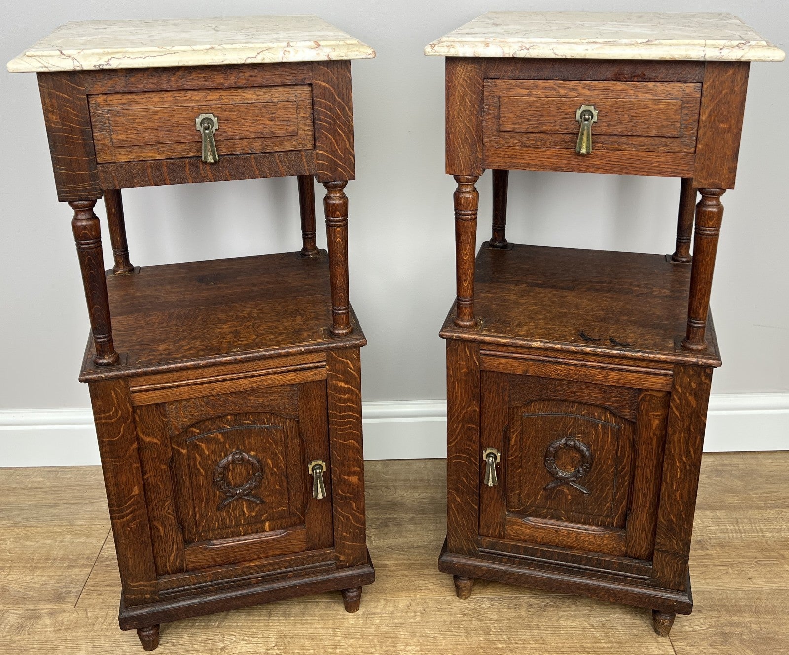 Pair of Bedside Tables Antique French Marble Top Carved Oak Cabinets LOT 49181