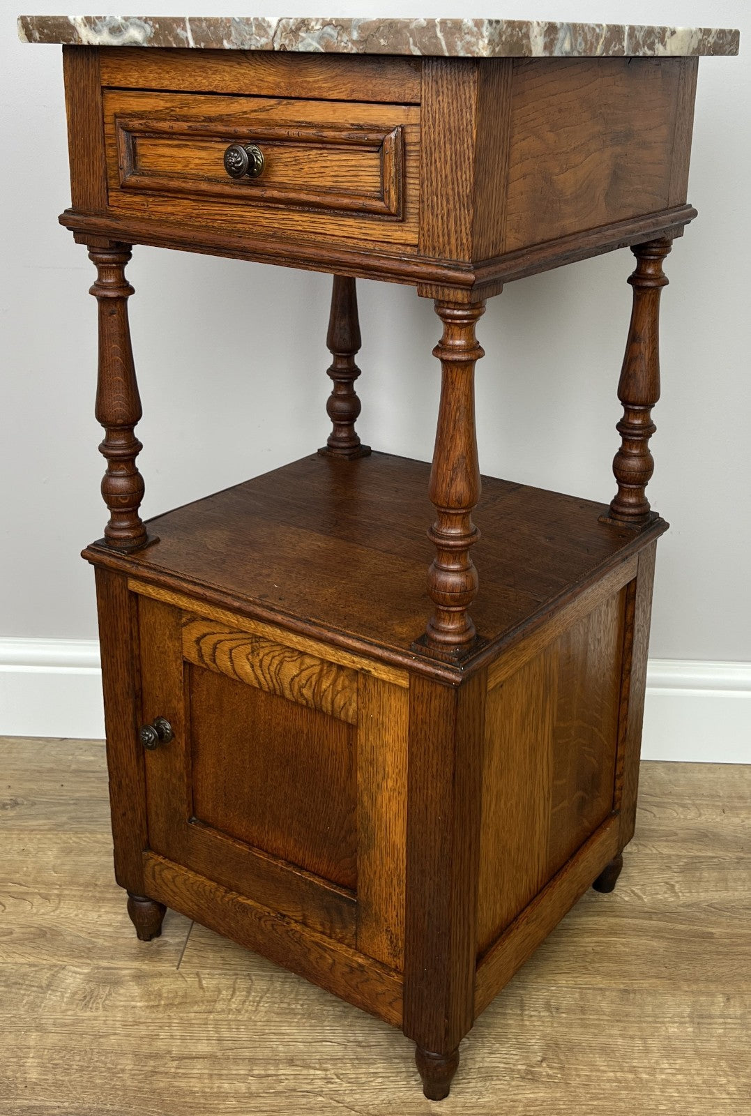 Bedside Table Antique French Style Marble Top Oak Cabinet Nightstand LOT 62432