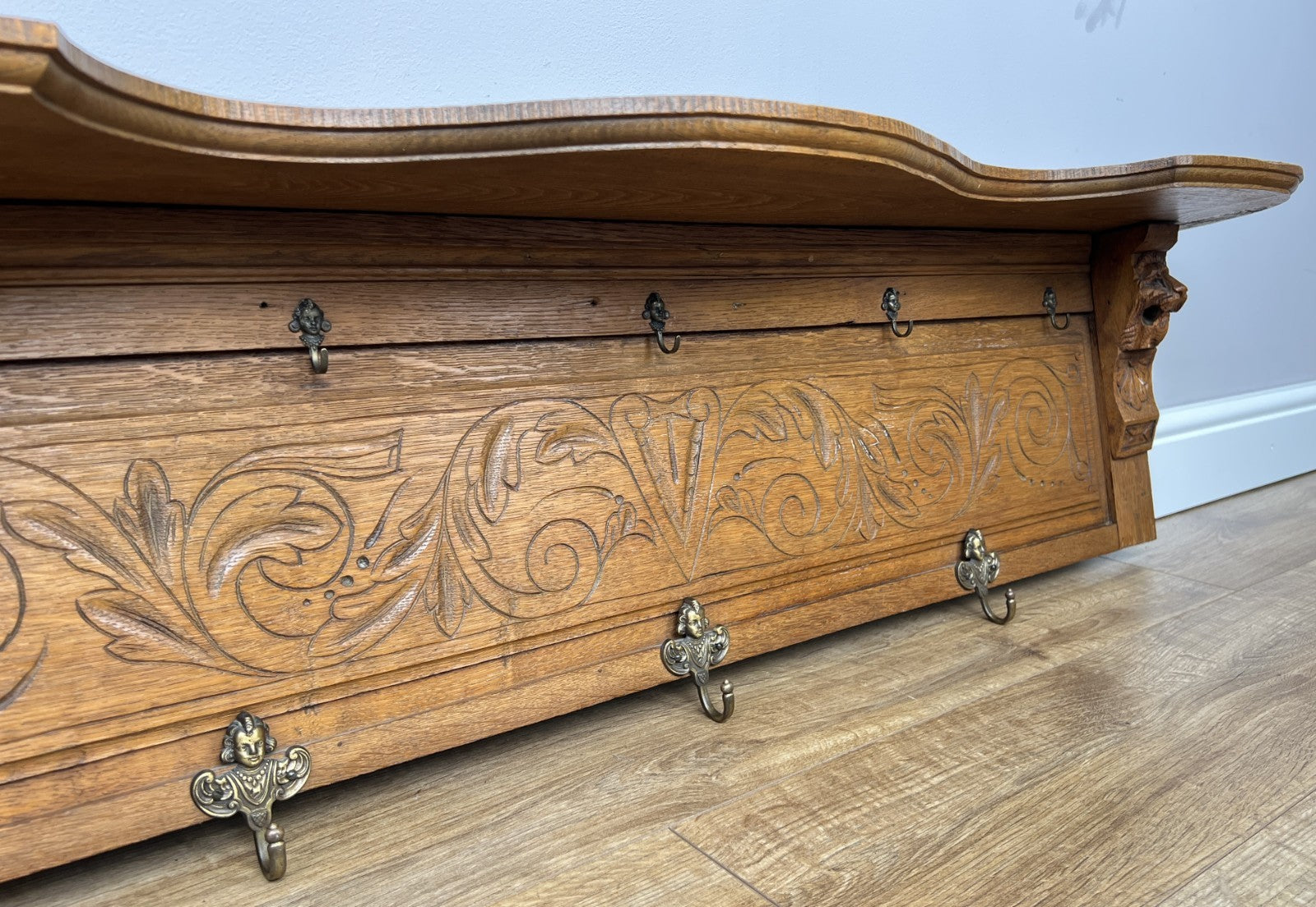 Coat Rack Antique French Carved Oak Wall Mounted 9 Hooks Rack Hanger LOT 62925