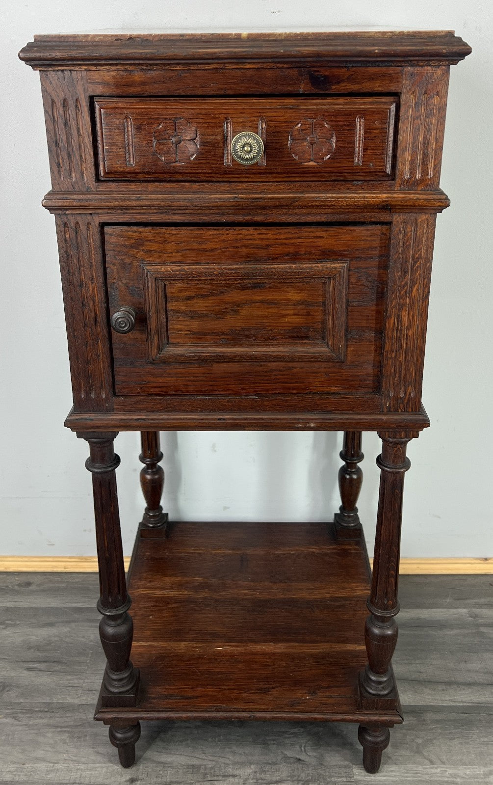 Bedside Table Antique French Oak Marble Top Cabinet Nightstand LOT 48062