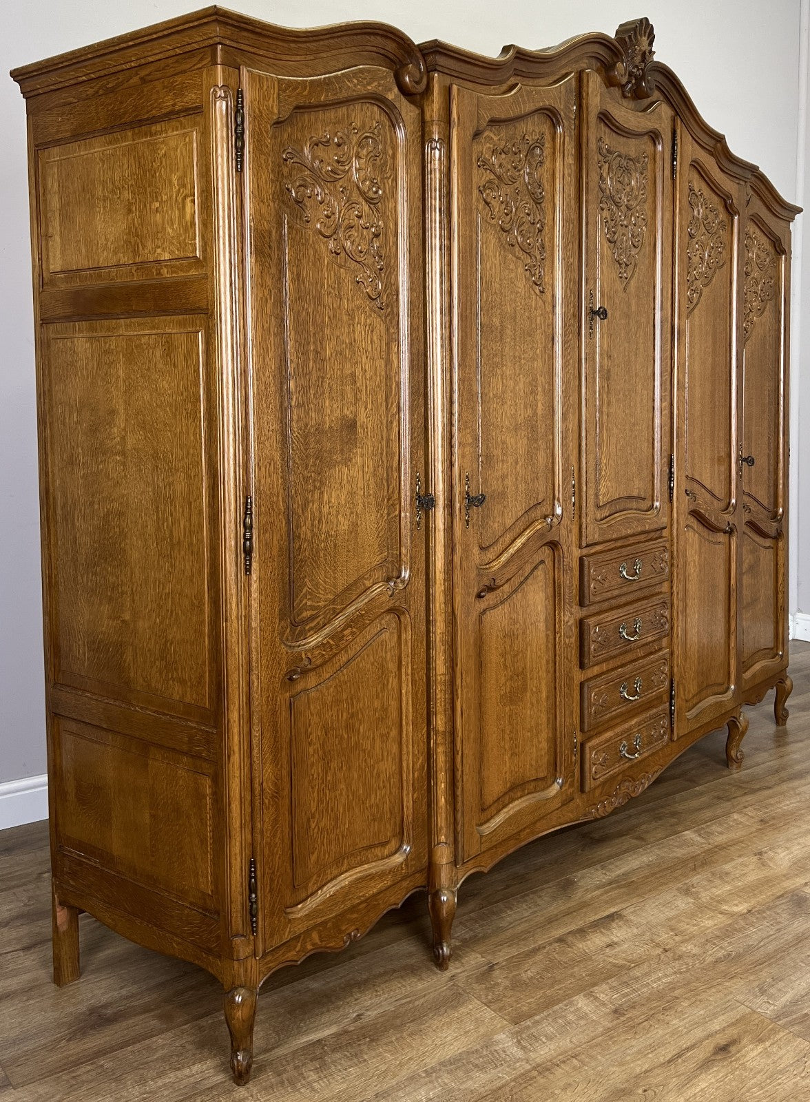 Wardrobe Vintage French Louis XVI Style Five Door Oak Carved Armoire LOT 645711