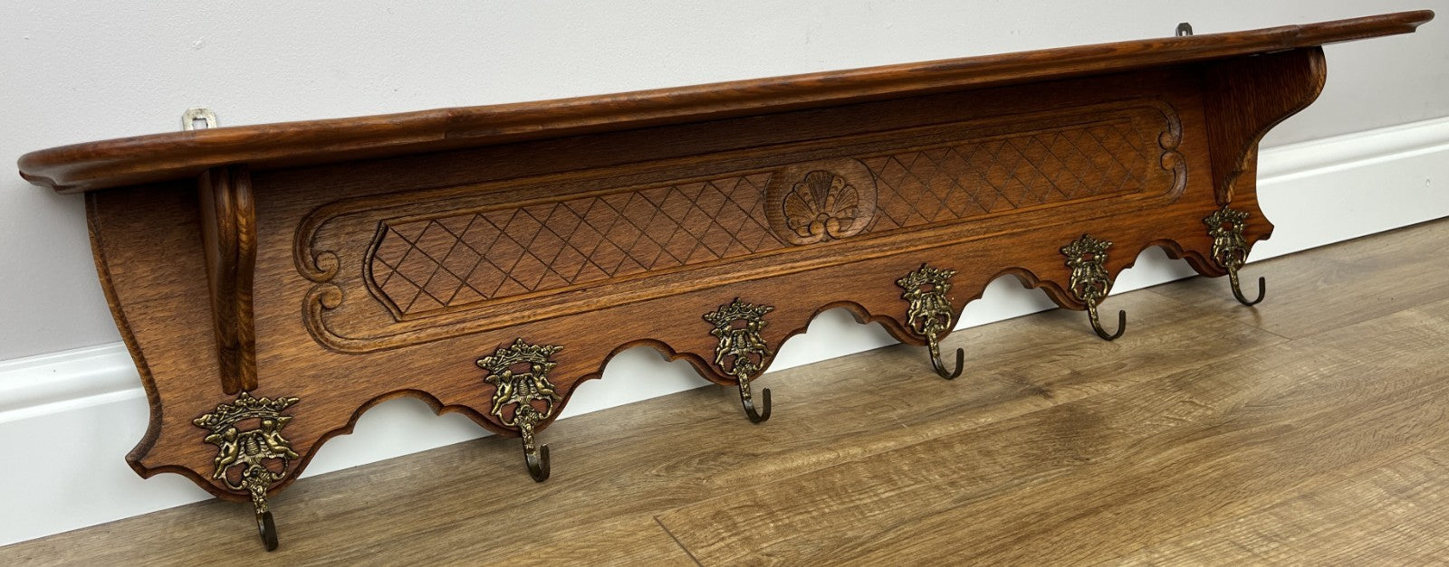 Coat Rack Vintage French Oak Wall Mounted 6 Hooks Carved Rack Hanger LOT 62060