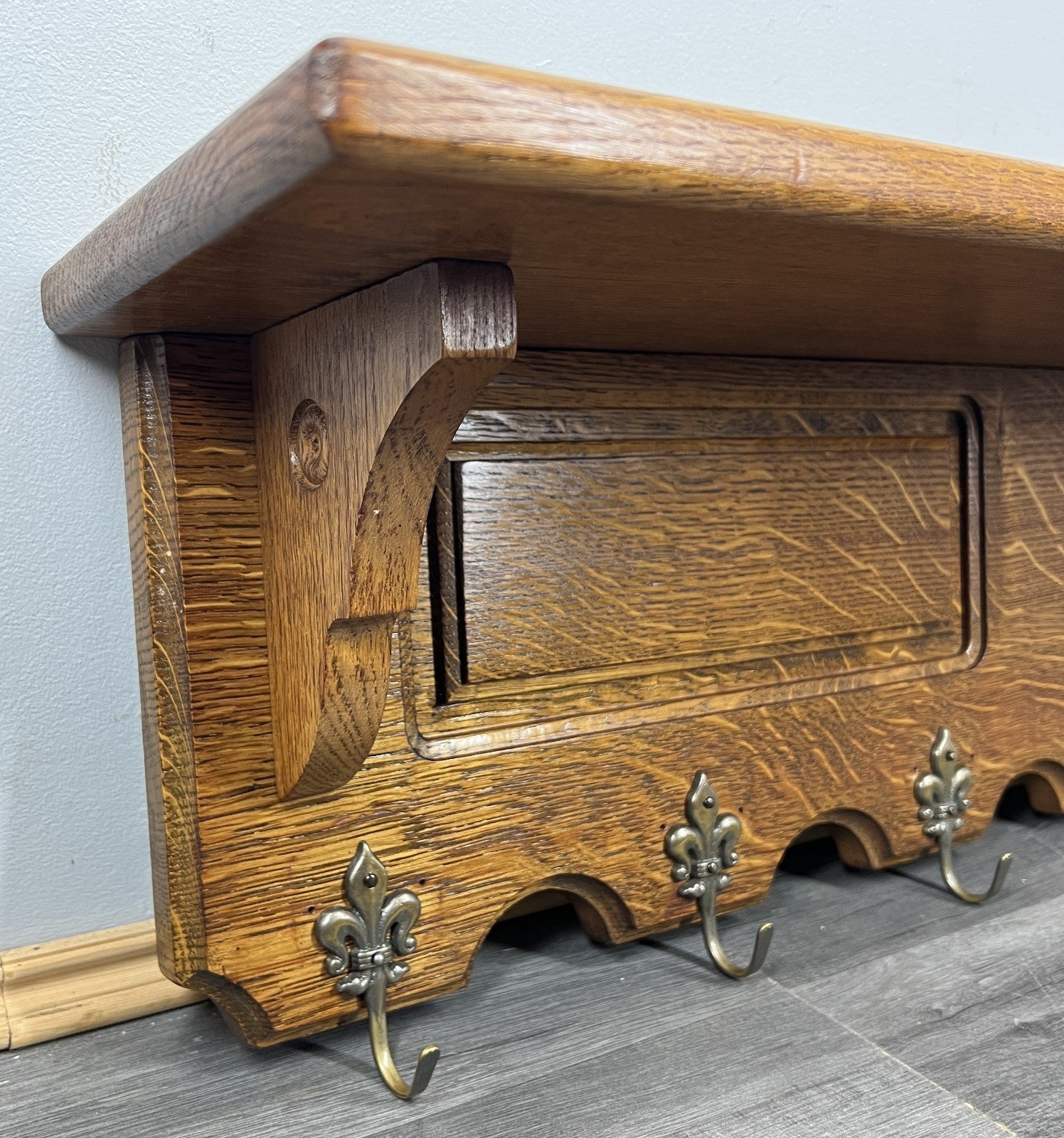 French Vintage Coat Rack Oak 6 Hooks Wall Shelf Carved Coat Hanger LOT 44343