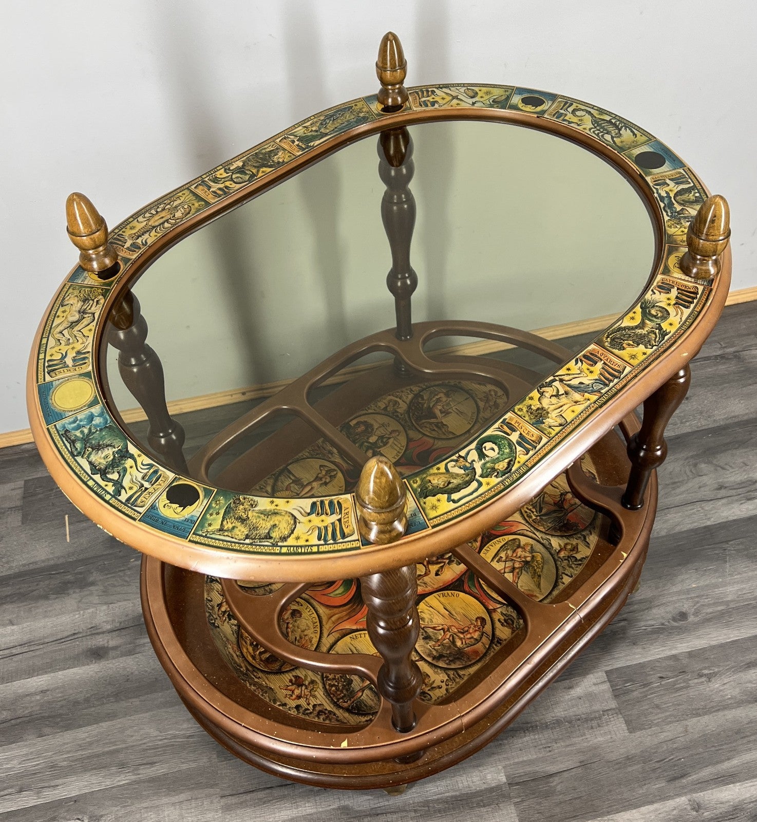 Bar Cart Vintage French Zodiac Drinks Trolley Glass Top Serving Table LOT 439413