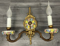 Pair of Wall Lights Vintage Spanish Porcelain Brass Floral Sconces LOT 44153