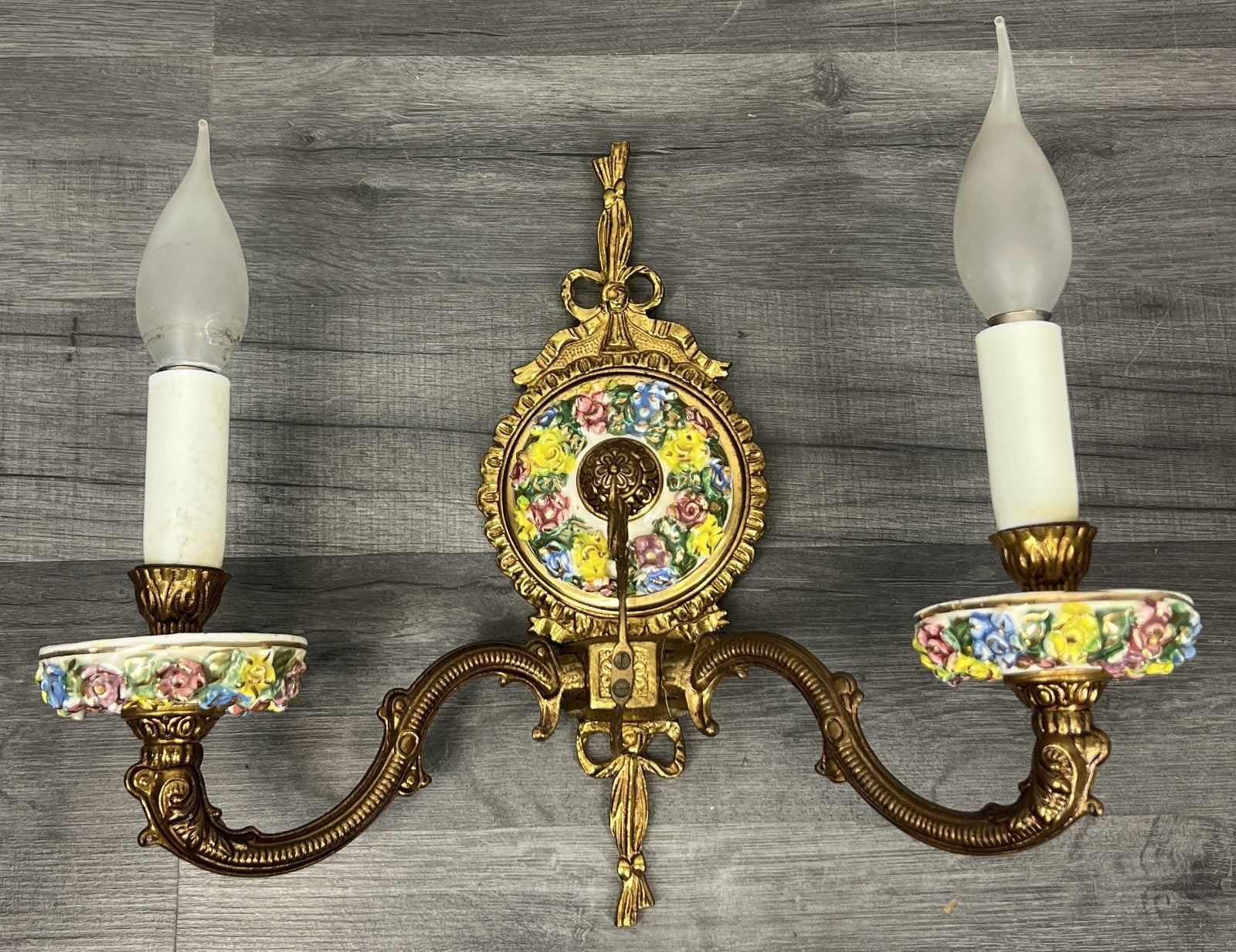 Pair of Wall Lights Vintage Spanish Porcelain Brass Floral Sconces LOT 44153