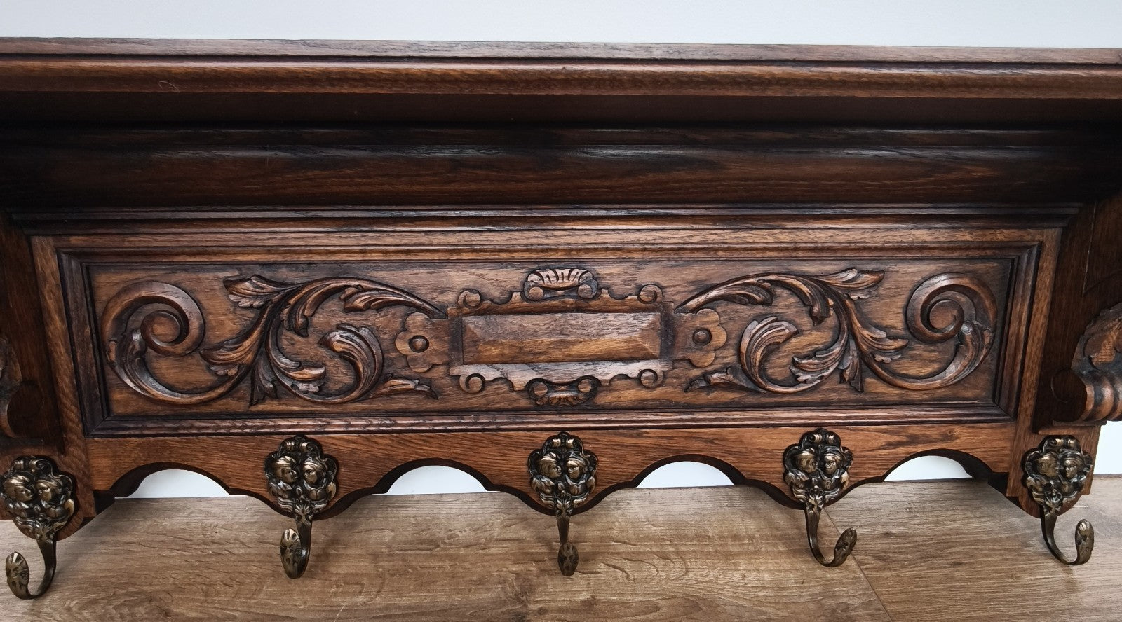 French Vintage Coat Rack Oak 5 Hooks Wall Shelf Carved Coat Hanger LOT 49984