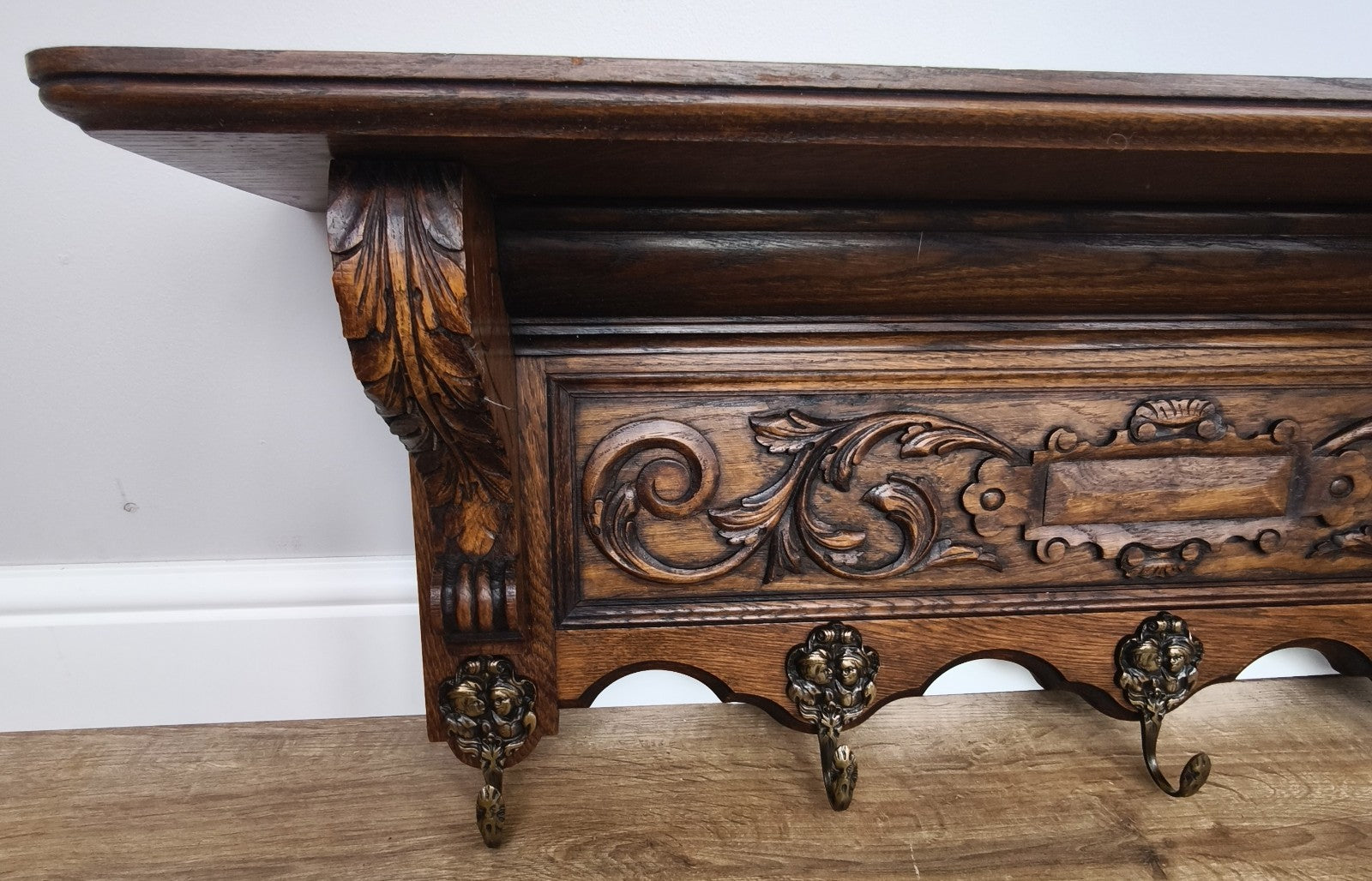 French Vintage Coat Rack Oak 5 Hooks Wall Shelf Carved Coat Hanger LOT 49983
