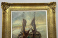 Oil Painting Vintage French Style Signed Coastal Boats Artwork Framed LOT 49426
