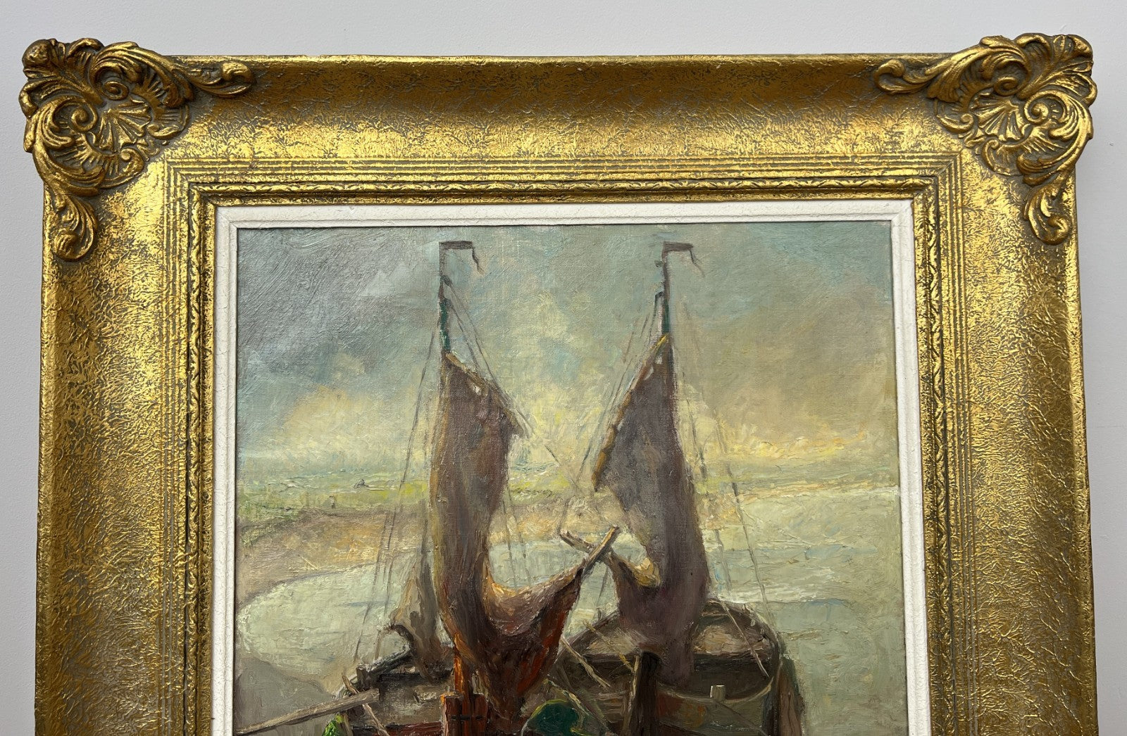 Oil Painting Vintage French Style Signed Coastal Boats Artwork Framed LOT 49426