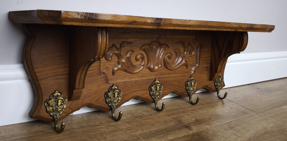 French Vintage Coat Rack Oak 5 Hooks Wall Shelf Carved Coat Hanger LOT 49950