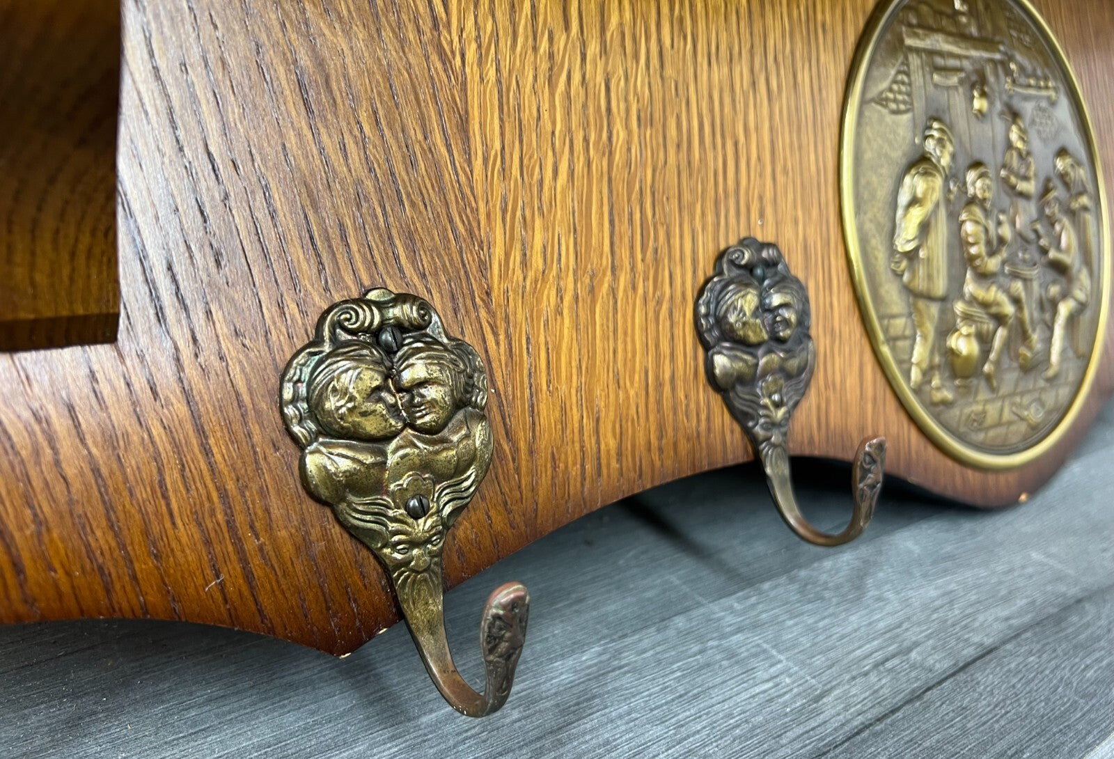 French Antique Coat Rack 6 Hooks Wall Shelf Carved Wood Coat Hanger LOT 22769