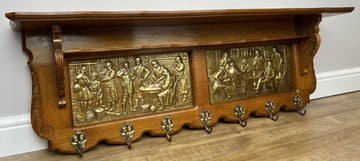 French Vintage Coat Rack Oak 7 Hooks Wall Shelf Brass Panel Coat Hanger LOT 49590