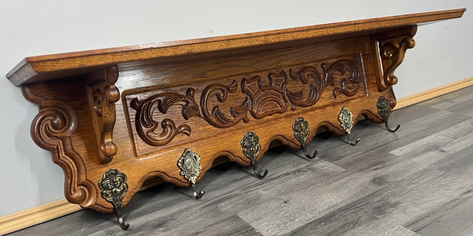 French Vintage Coat Rack Oak 6 Hooks Wall Shelf Carved Coat Hanger LOT 44950