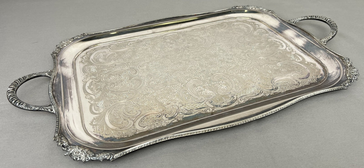 Serving Tray Vintage Metal Ornate Engraved Twin Handle English Tray LOT 6444