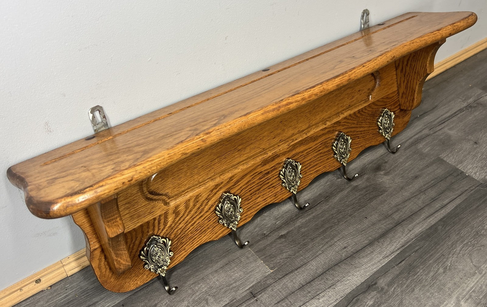 French Vintage Coat Rack Oak 5 Hooks Wall Shelf Carved Coat Hanger LOT 44945