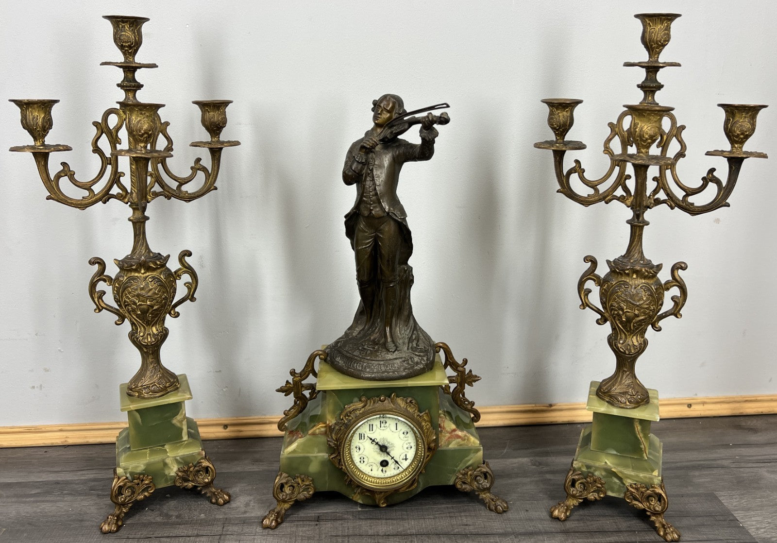 Clock Set Vintage French Onyx Brass Mantel Clock with 4-Arm Candelabras LOT 44130