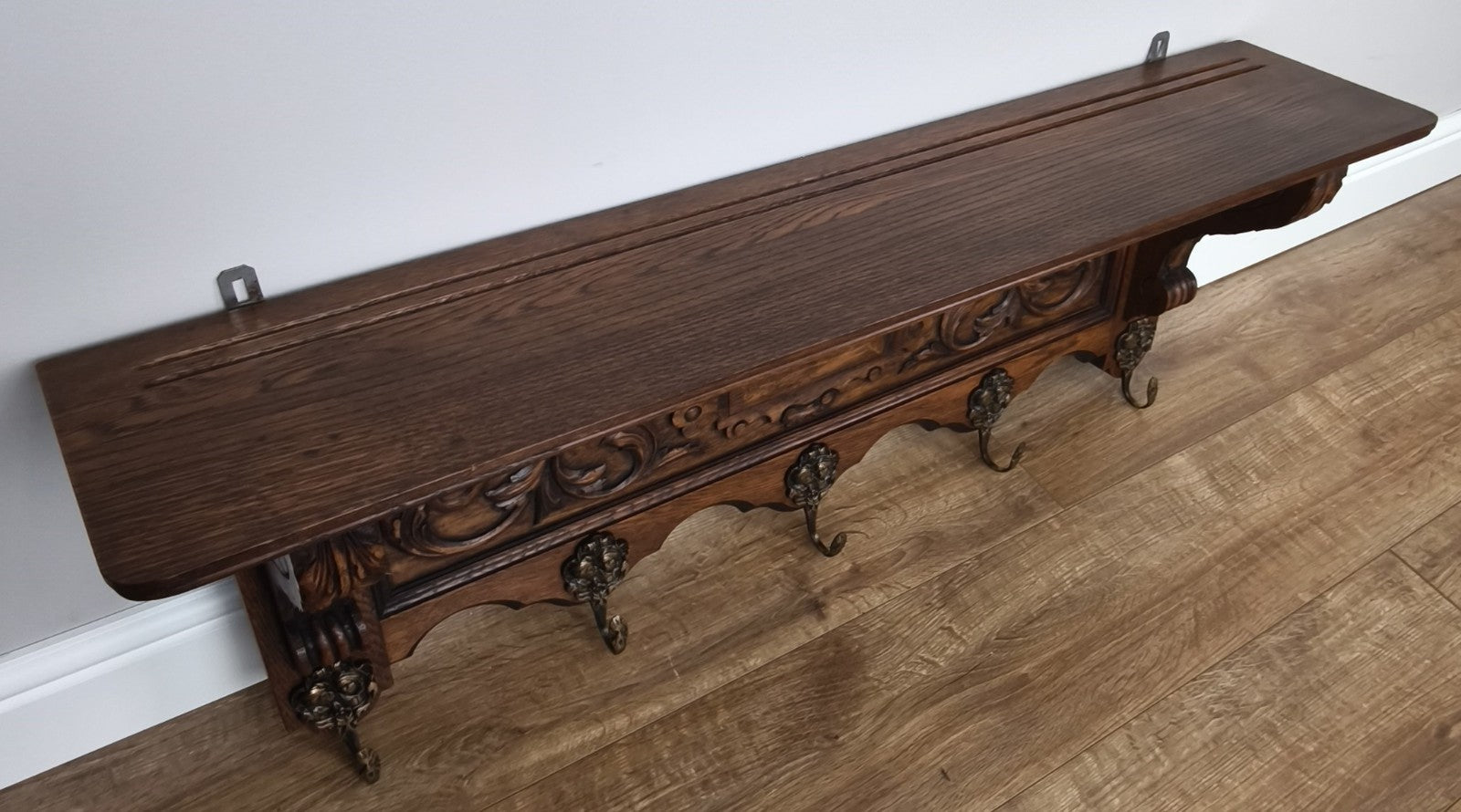 French Vintage Coat Rack Oak 5 Hooks Wall Shelf Carved Coat Hanger LOT 49987