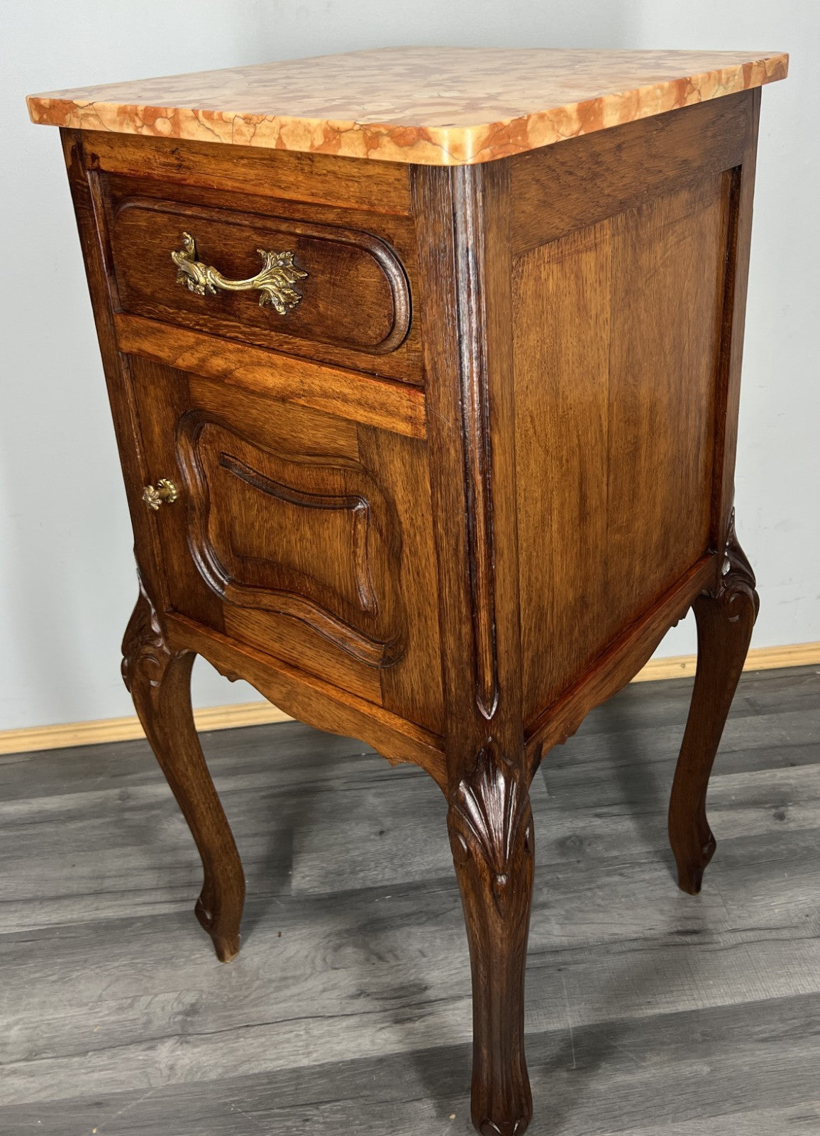 Pair of Bedside Tables Antique French Oak Marble Tops Carved Cabinets LOT 443912