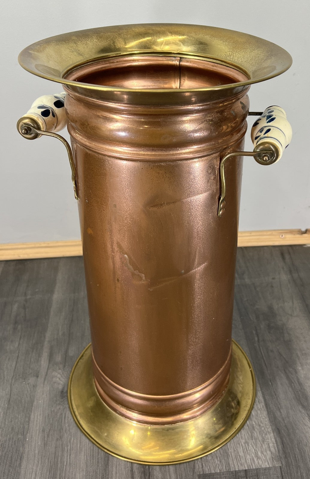 Umbrella Stand Vintage Brass Copper Decorative Stand Porcelain Handles LOT 46860