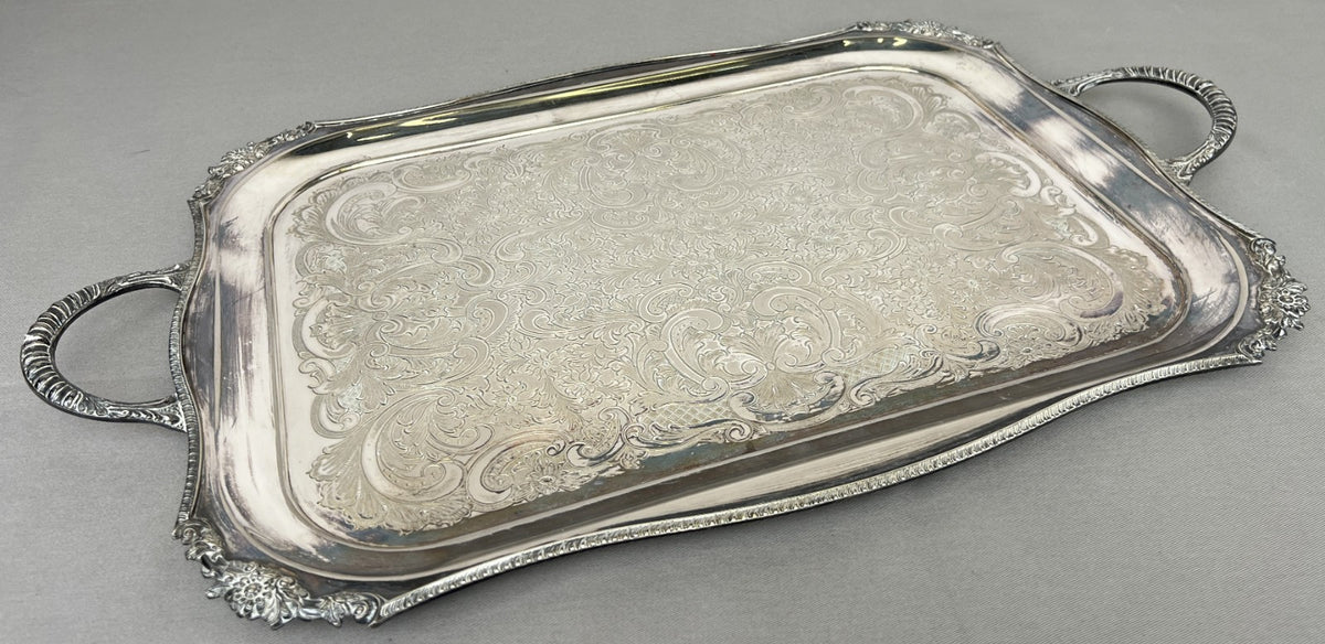 Serving Tray Vintage Metal Ornate Engraved Twin Handle English Tray LOT 6444